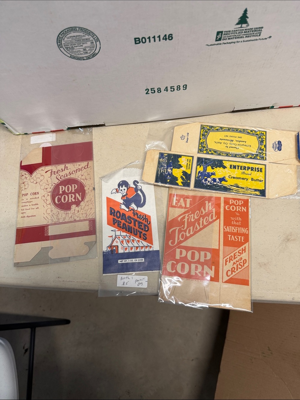 Vintage Popcorn Boxes, Butter Box, Peanut Sack
4 Piece Lot